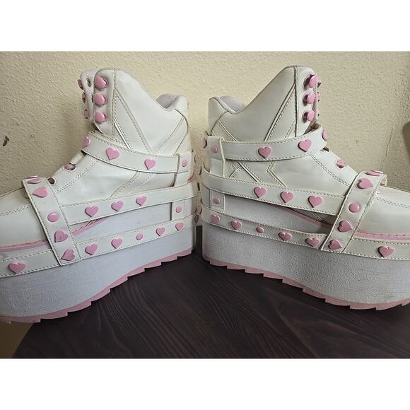 YRU Shoes Size 8 QOZMO White/Pink Hearts Slayr Hi Platform Sneakers Rave Club - Picture 3 of 8